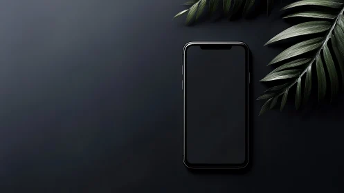 Smartphone Mockup with Botanical Elements on Dark Surface.