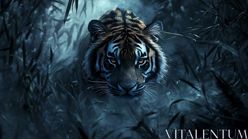 Tiger stalks through misty moonlit jungle under deep blue haze