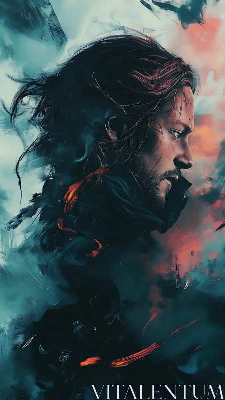 Stormlit wanderer carves a path through smoke and ember