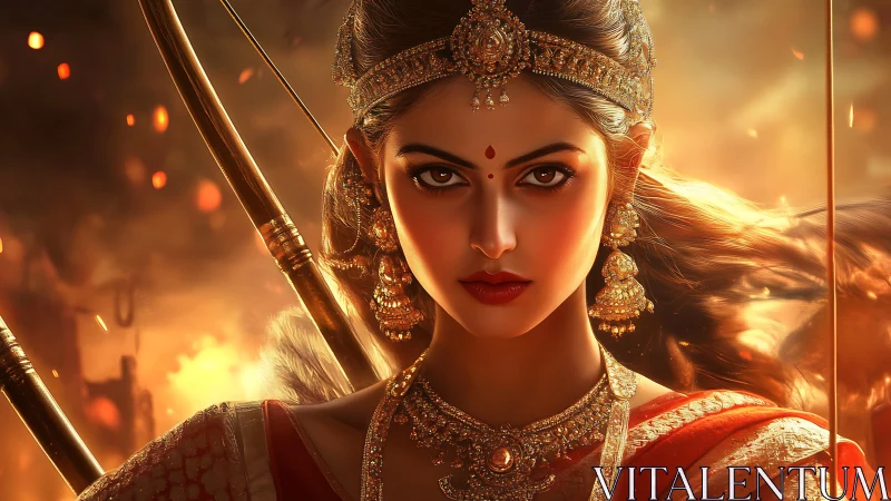Warrior goddess portrait glows in dramatic golden firelight.