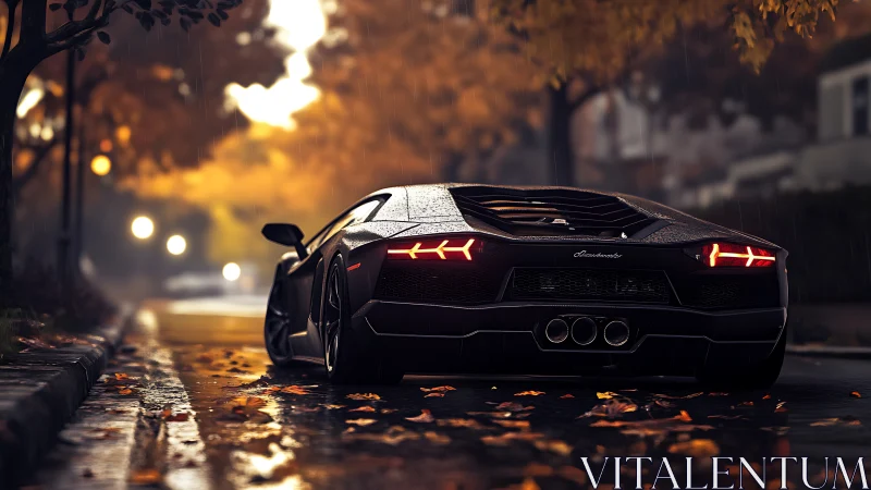 Sleek black supercar glowing softly on a rainy autumn street.