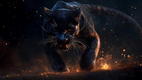 Prowling Black Panther: Fiery Nocturnal Predator.