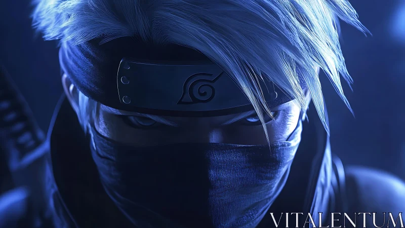 Masked silver-haired ninja stares through intense blue light.
