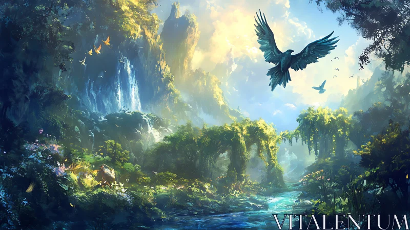 Soaring azure bird above luminous enchanted forest gorge.