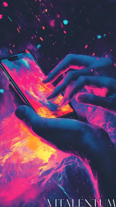 Glowing hands interact with vivid neon smartphone screen.