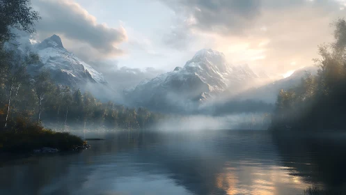 Dawn mist crowns tranquil alpine lake beneath glowing peaks.