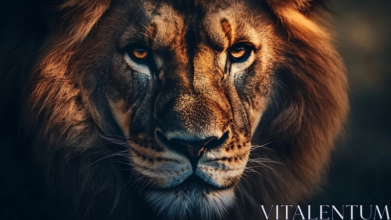 Male lion close-up portrait with directional warm light.