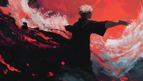 Solitary figure amid red and black abstract wave forms.