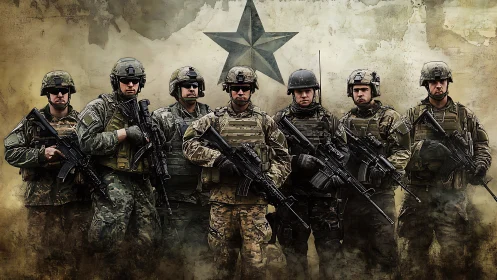 Modern tactical soldiers aligned before distressed star emblem.