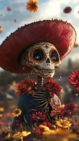 Sugar-skull serenade beneath a crimson festival sombrero.