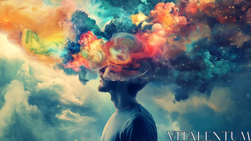 Surreal male silhouette dissolves into prismatic cosmic nebula.