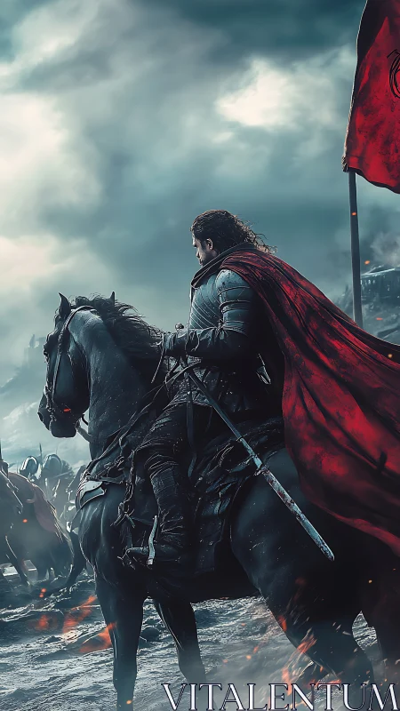 Armored cavalry commander under stormfront with red war banner