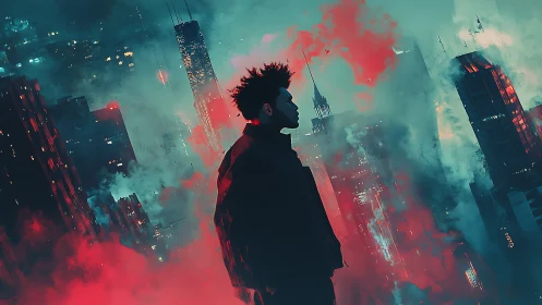 Silhouetted figure before neon cityscape in dense colored fog.