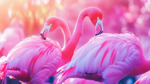 Two vivid pink flamingos stand close in soft glowing light.