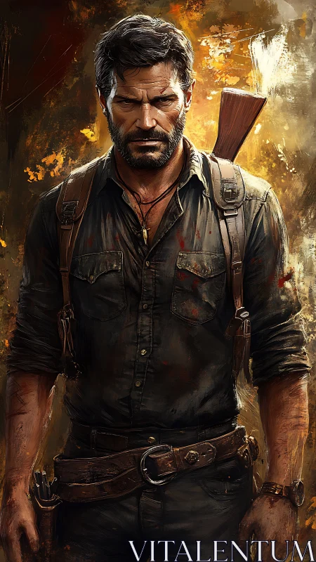 Bearded armed survivor stands against burning abstract backdrop