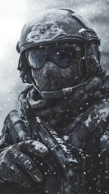 Photorealistic winter soldier portrait in tactical close-up framing.