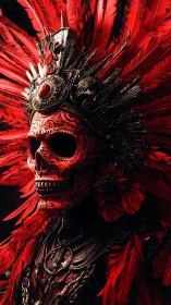 Ornate red-feathered skull warrior portrait fills frame