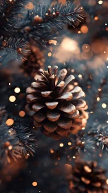Frost-kissed pinecones glowing in ember-bright winter bokeh.