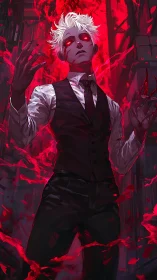 Demonic white haired figure in blood red infernal aura.
