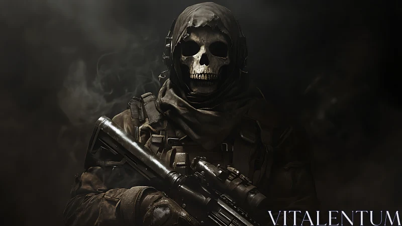 Hooded skull-masked soldier emerges from swirling shadowed smoke.