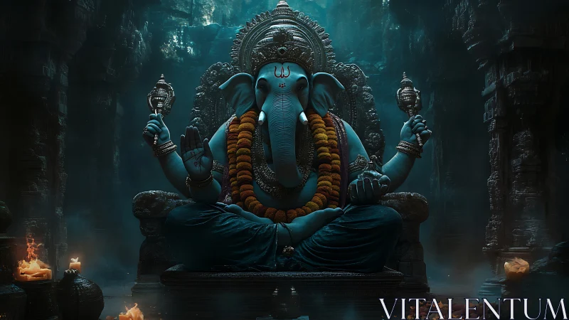 Blue elephant-headed deity statue sits in dark stone temple