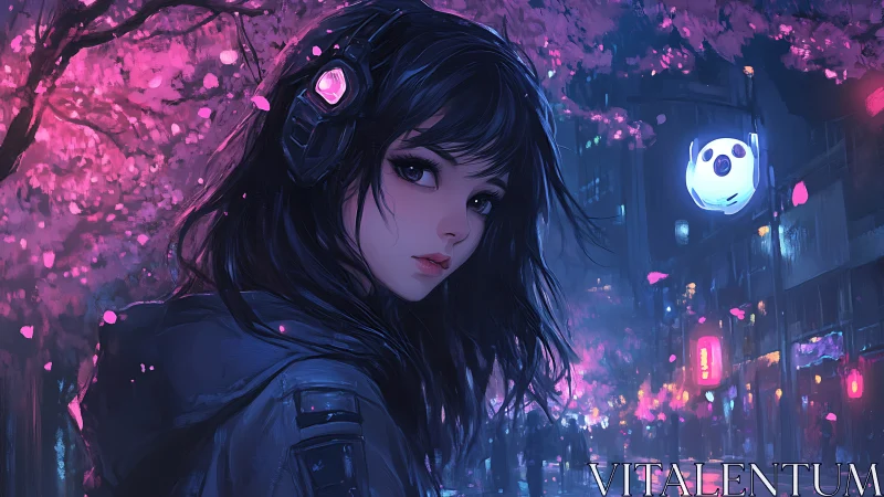 Midnight stroll beneath cyber cherry blossom dreams.