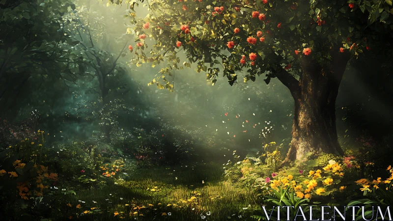 Sunlit woodland clearing with flowering tree and ground cover.