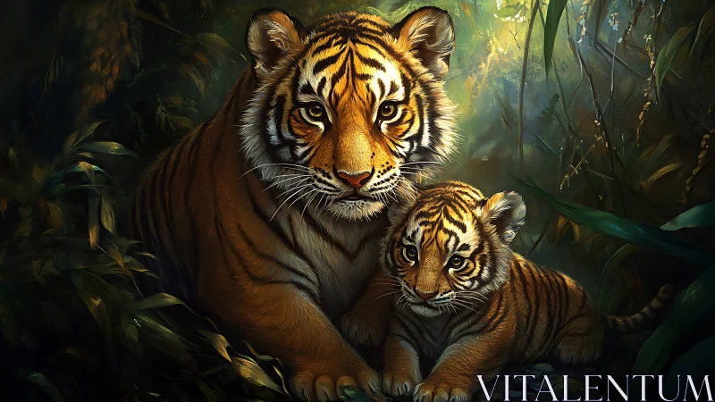 Mother Tiger Shelters Cub Within Luminous Jungle Canopy