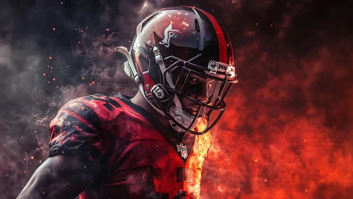 Focused football player glowing with fiery game day energy.