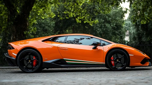 Bright orange sports car parked on cobblestone street.