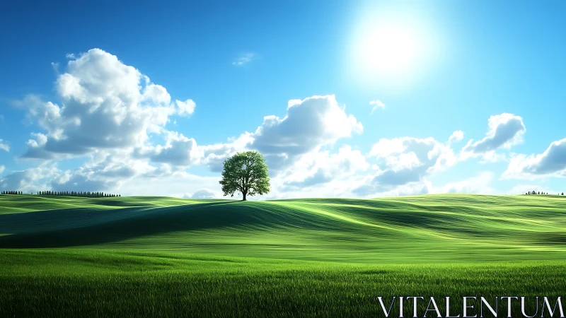 Sunlit green hills with a solitary tree and drifting clouds.