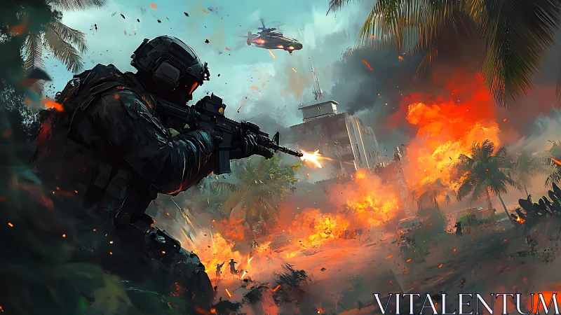 Tactical operator in jungle assault amid volumetric firestorm.