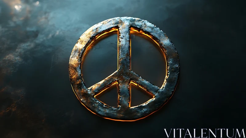 Burnished metal peace symbol over moody dark surface.