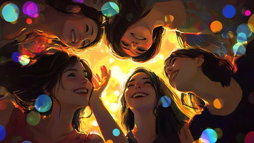 Group of Friends Laughing in a Vibrant, Colorful Digital Art Style.