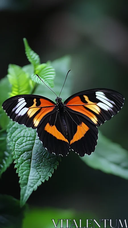 Black orange butterfly rests on textured green foliage