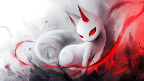 Red-eyed spirit fox emerges from swirling crimson mist