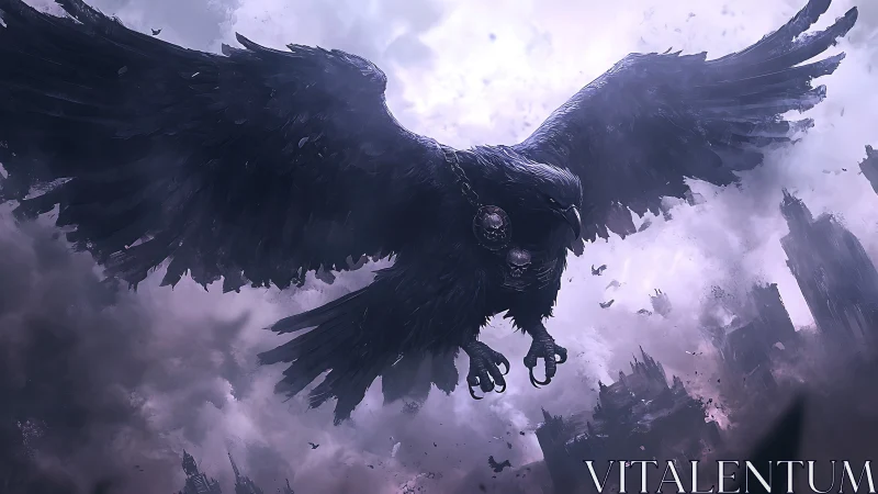 Large black bird over ruined cityscape in dense clouds.