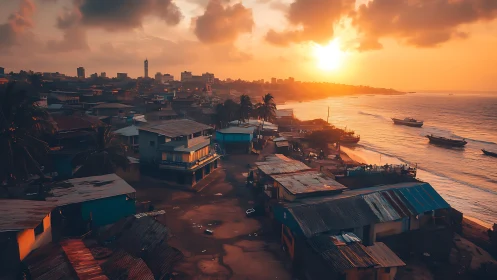Golden sunset washes over a vibrant coastal shantytown