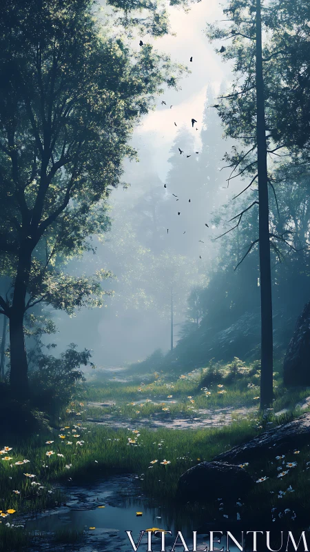 Misty Forest Valley Stream with Deciduous Canopy and Avian Silhouettes