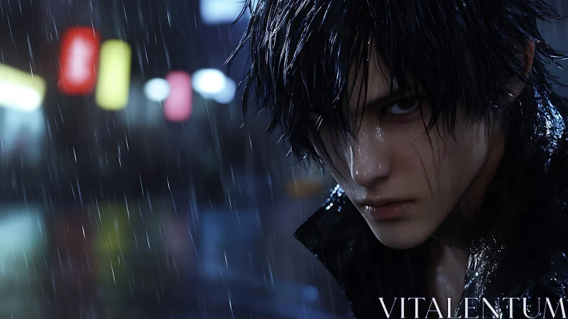 Cinematic close-up of brooding youth in neon rainstorm