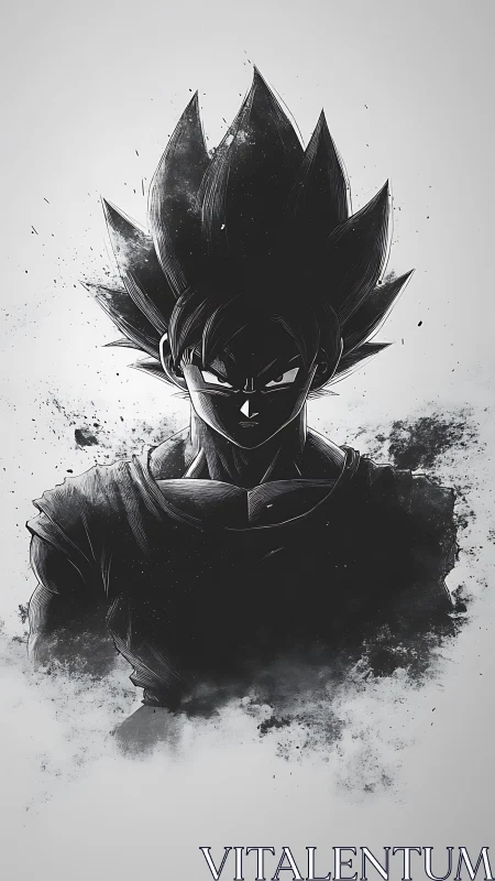 Brooding anime warrior emerges from monochrome shadows.