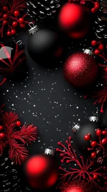 Red and black Christmas ornaments on dark background.