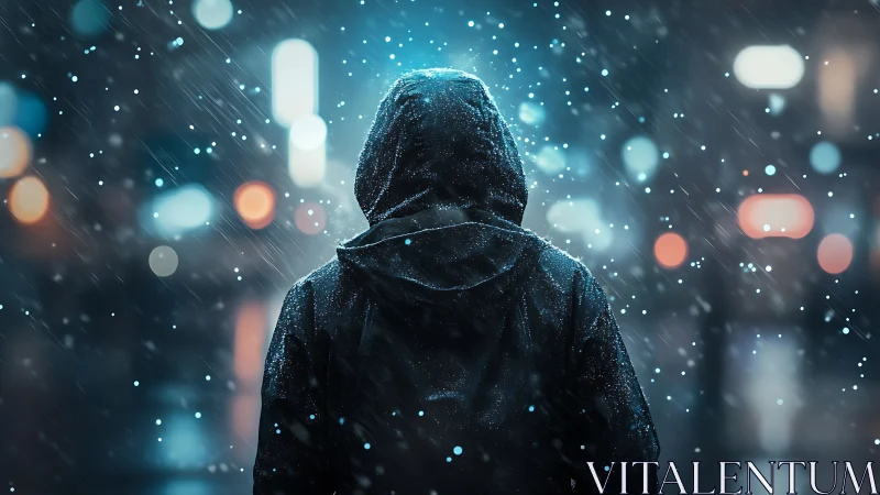 Hooded figure in neon city snowfall, cinematic back view.