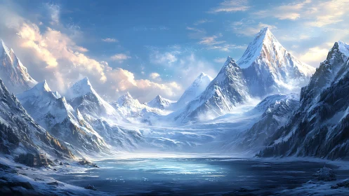 Digital alpine panorama with glacial basin and luminous peaks.