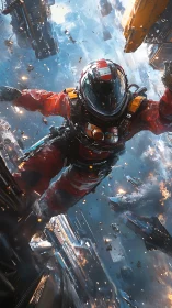 Space-suited astronaut tumbles through wrecked orbital city