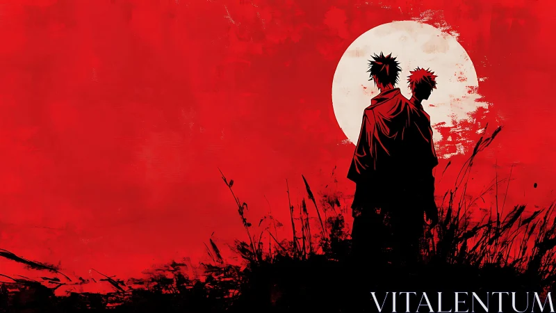 Two lone wanderers under a burning red moonlit sky.