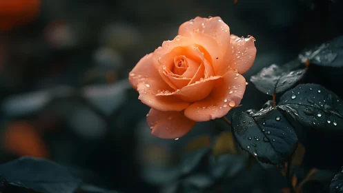 Peach Rose Bloom Glistening With Morning Dewdrops.