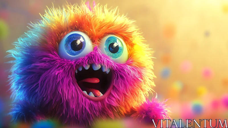 Fluffy neon fuzzball gasps at floating candy confetti.