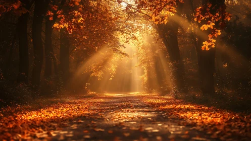 Volumetric sunrise beams across deciduous autumn forest path.