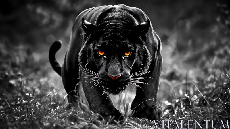 Black panther stalking forward with glowing orange eyes.